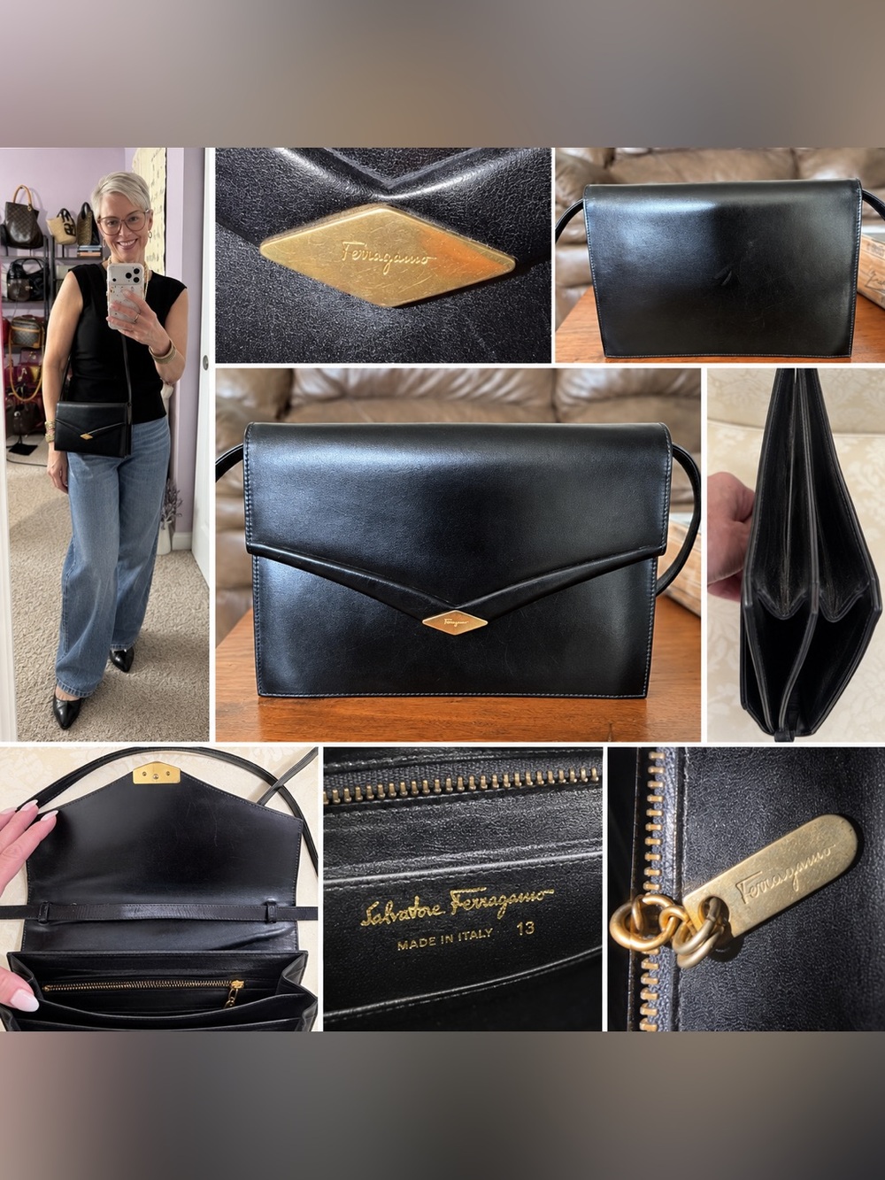 Salvatore Ferragamo Black Leather Envelope Crossbody with Gold Hardware